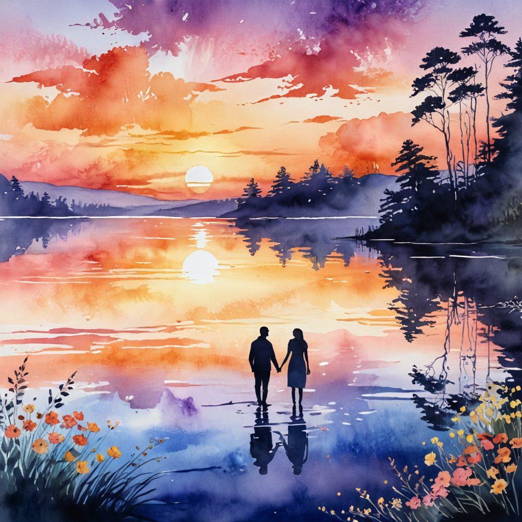 A serene landscape depicting a sunset over a tranquil lake, symbolizing emotional connections, paired with silhouettes of two people reaching out towards each other. The foreground features soft flowers and gentle waves, conveying a sense of longing and desire. The colors should be warm and inviting, enhancing the romantic atmosphere. dreamy watercolor style. vibrant colors.