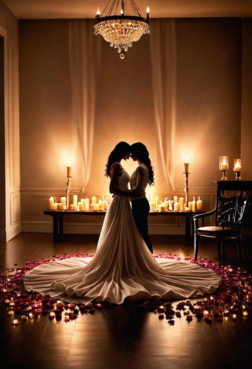 A couple sharing an intimate moment in a beautifully decorated candlelit room, showcasing soft textures and warm colors. Ethereal, shimmering lights surround them, evoking a sense of passion and romance. Include elements like rose petals, a bottle of wine, and soft fabrics to enhance the sensual atmosphere. The scene should radiate love, connection, and intimacy. super-realistic. warm tones. soft focus.